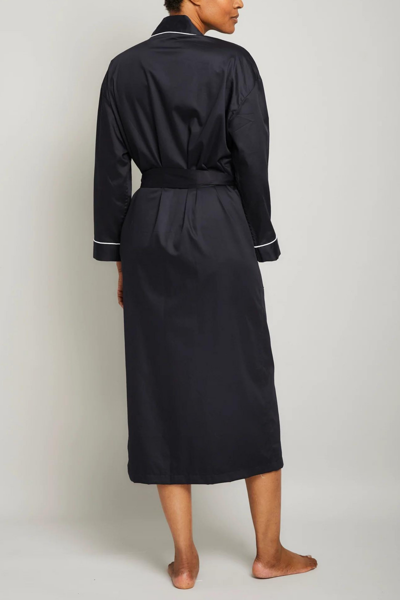 Cotton Sateen Robe with Contrast Piping-black