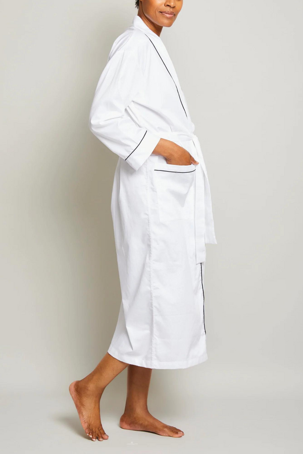 Cotton Sateen Robe with Contrast Piping - White