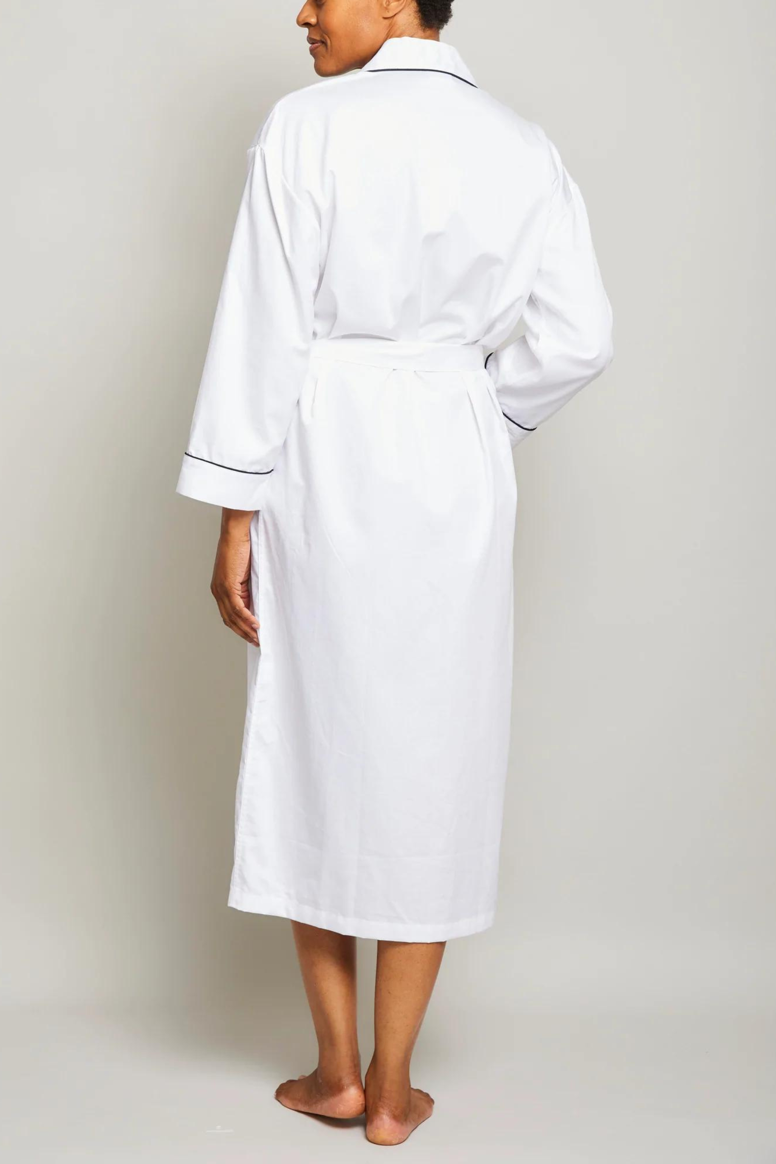 Cotton Sateen Robe with Contrast Piping - White