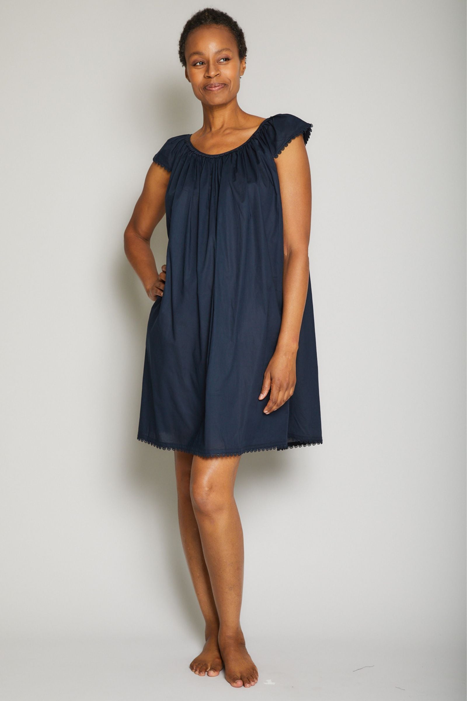 Cotton Nightgown with Flower Trim-Royal Navy