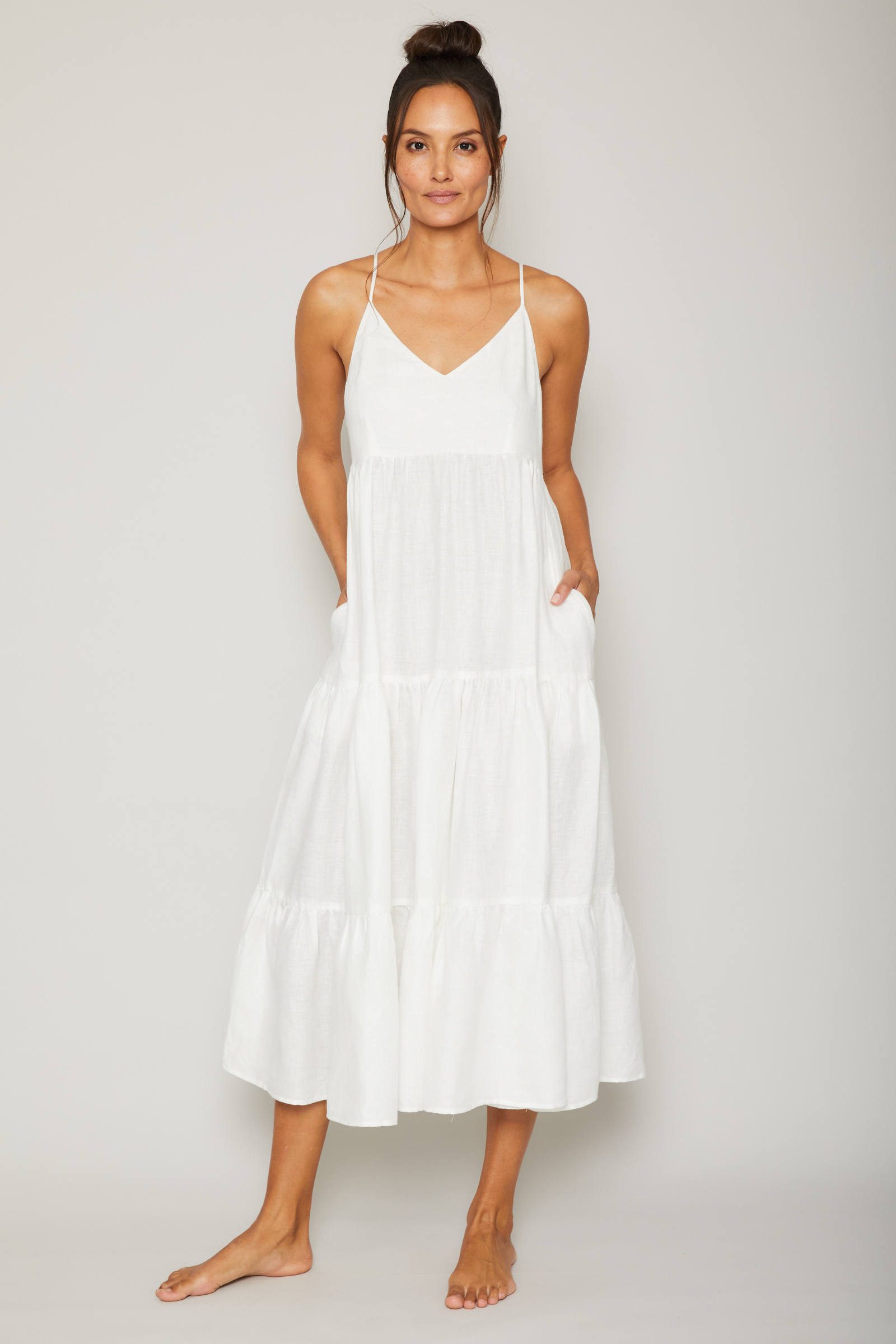 Claudia Spaghetti Strap Linen Ruffle Dress