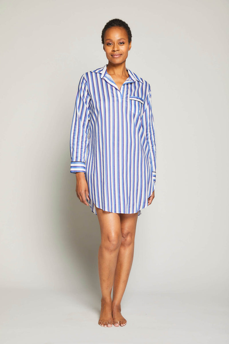 Striped Poet Sleepshirt with Piping - Blue / Black