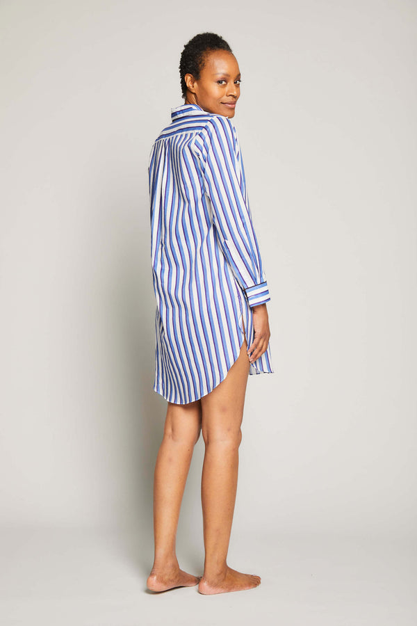 Striped Poet Sleepshirt with Piping - Blue / Black