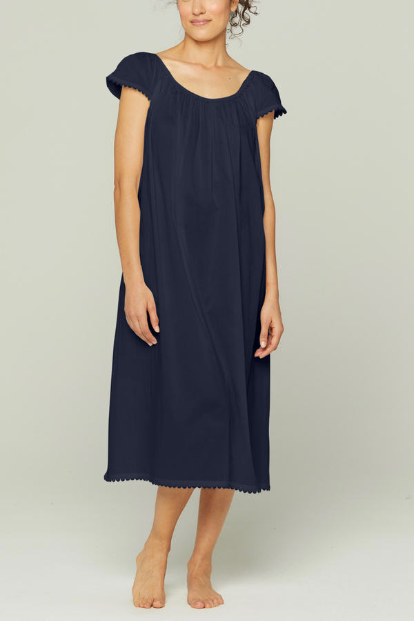 Long Cotton Nightgown with Flower Trim - Royal Navy