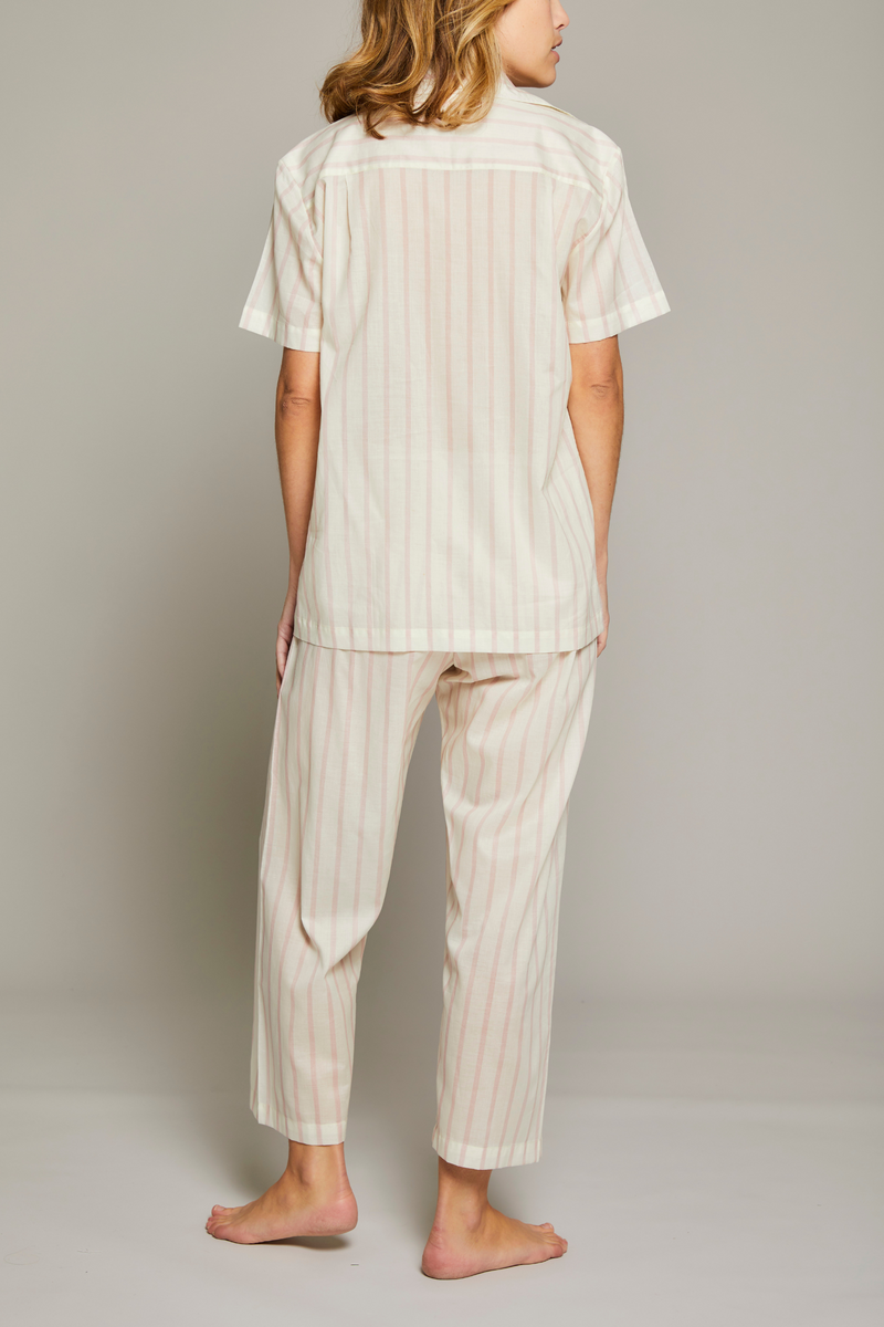 Striped Short Sleeve Crop Pant PJ Set - Cream / Pink