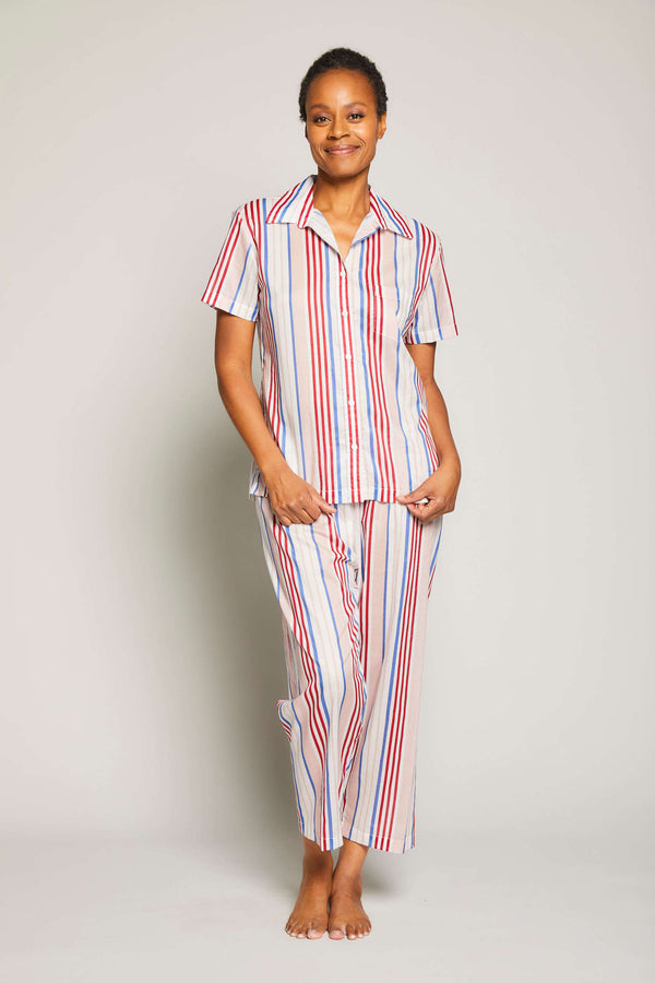 Striped Short Sleeve Crop Pant Pajama Set - Pink / Red