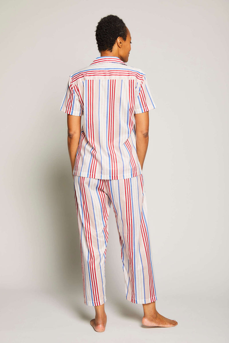 Striped Short Sleeve Crop Pant Pajama Set - Pink / Red