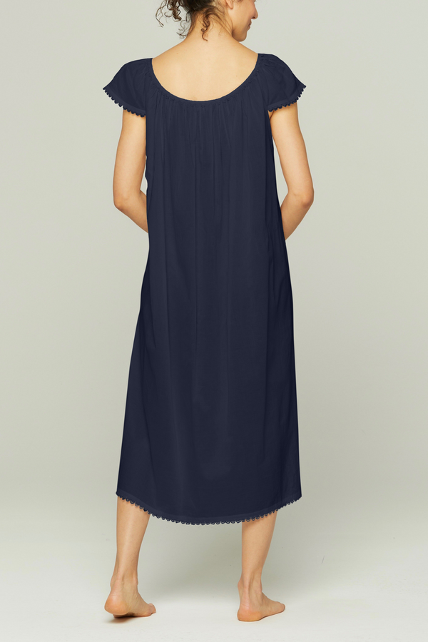 Long Cotton Nightgown with Flower Trim - Royal Navy