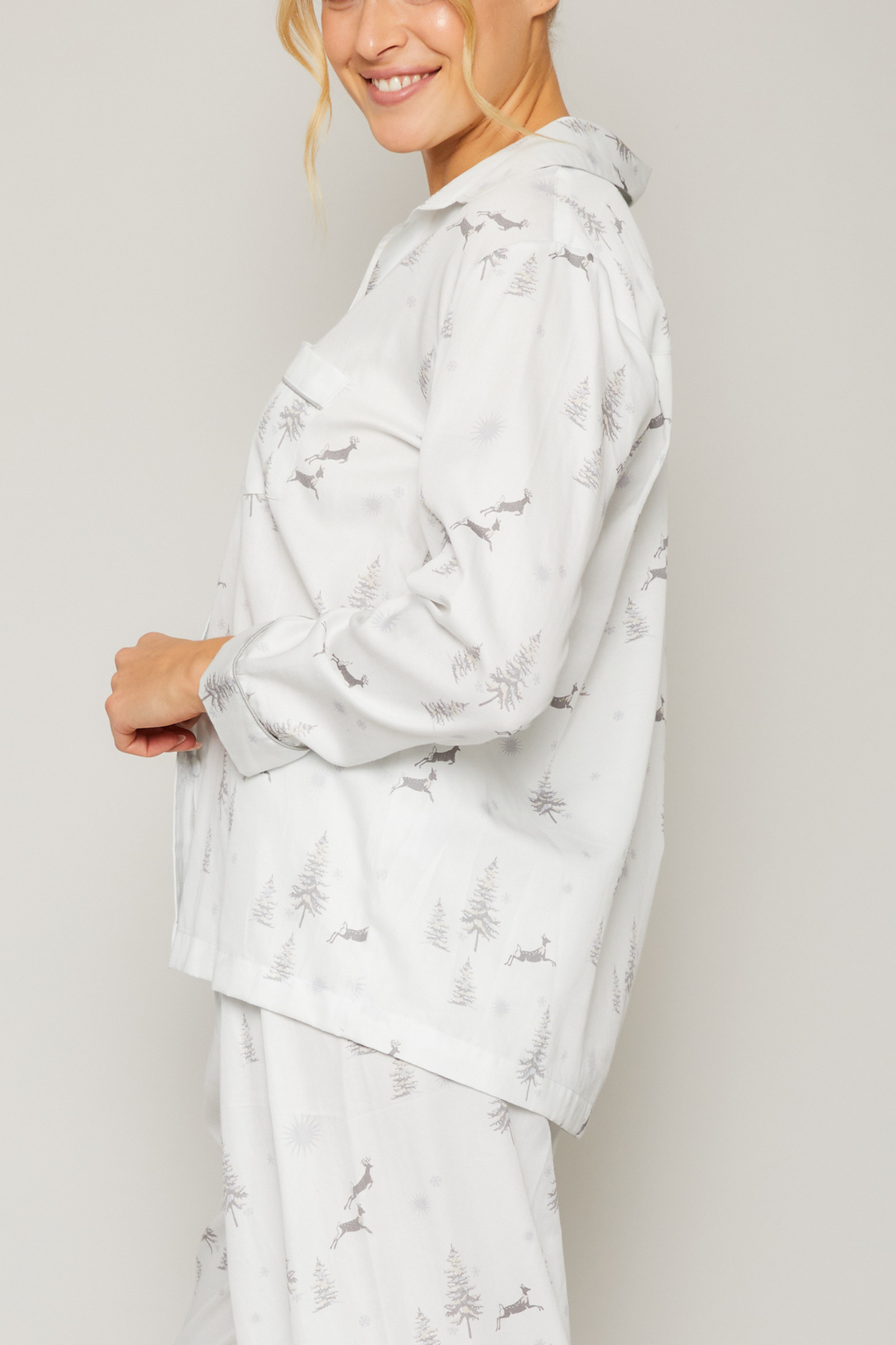 Cotton Sateen Pajama Set in Reindeer Piped in Grey