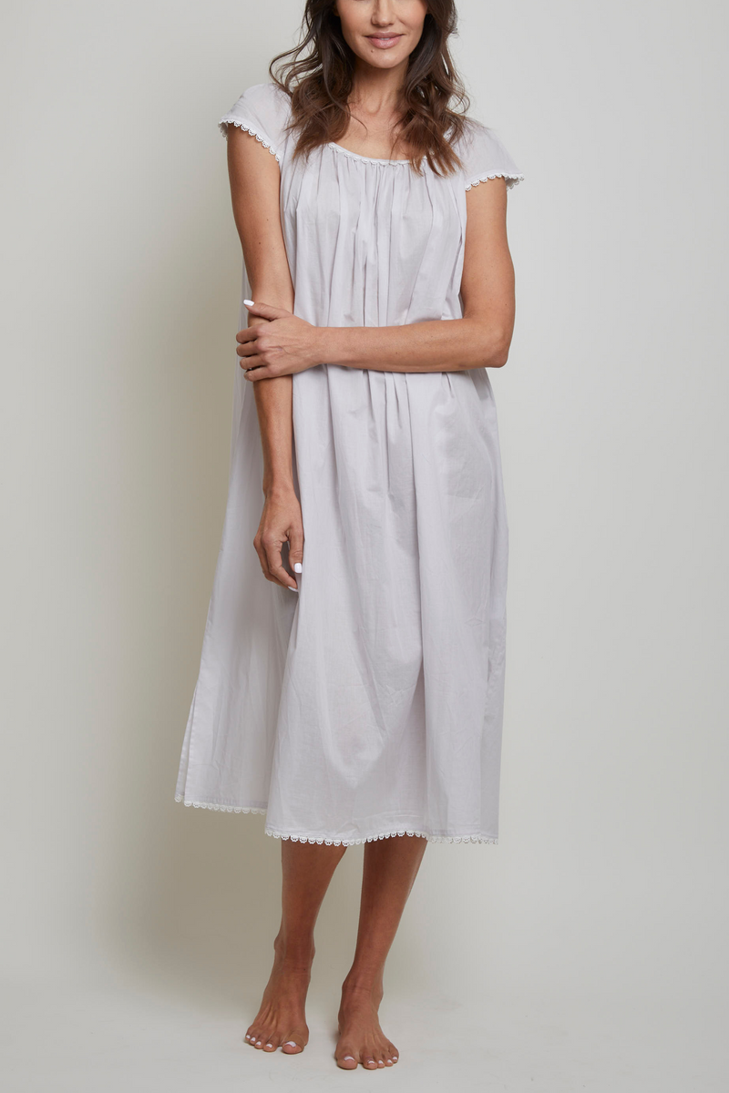 Long Cotton Nightgown with Flower Trim-Grey