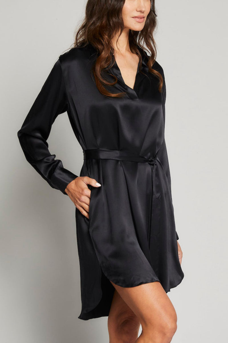 Silk Charmeuse Shirt Dress - Black