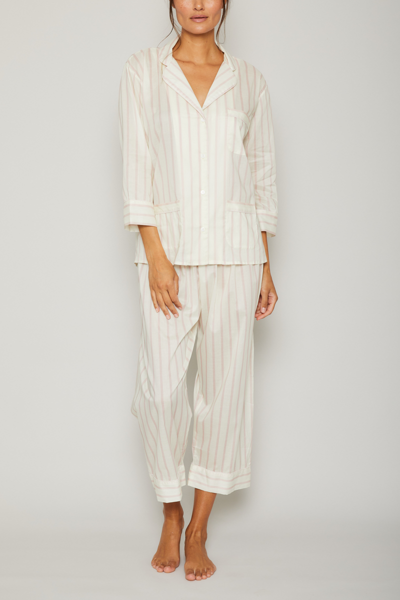 3/4 Sleeve Crop Pant Pajama Set - Cream / Pink
