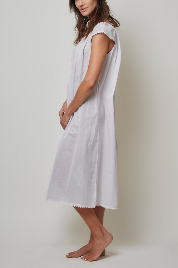 Long Cotton Nightgown with Flower Trim-Grey