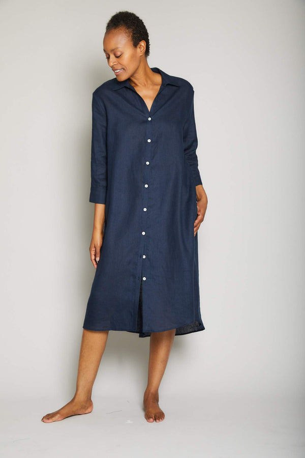 Linen Button Front Dress - Navy