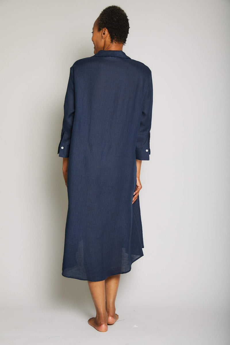 Linen Button Front Dress - Navy