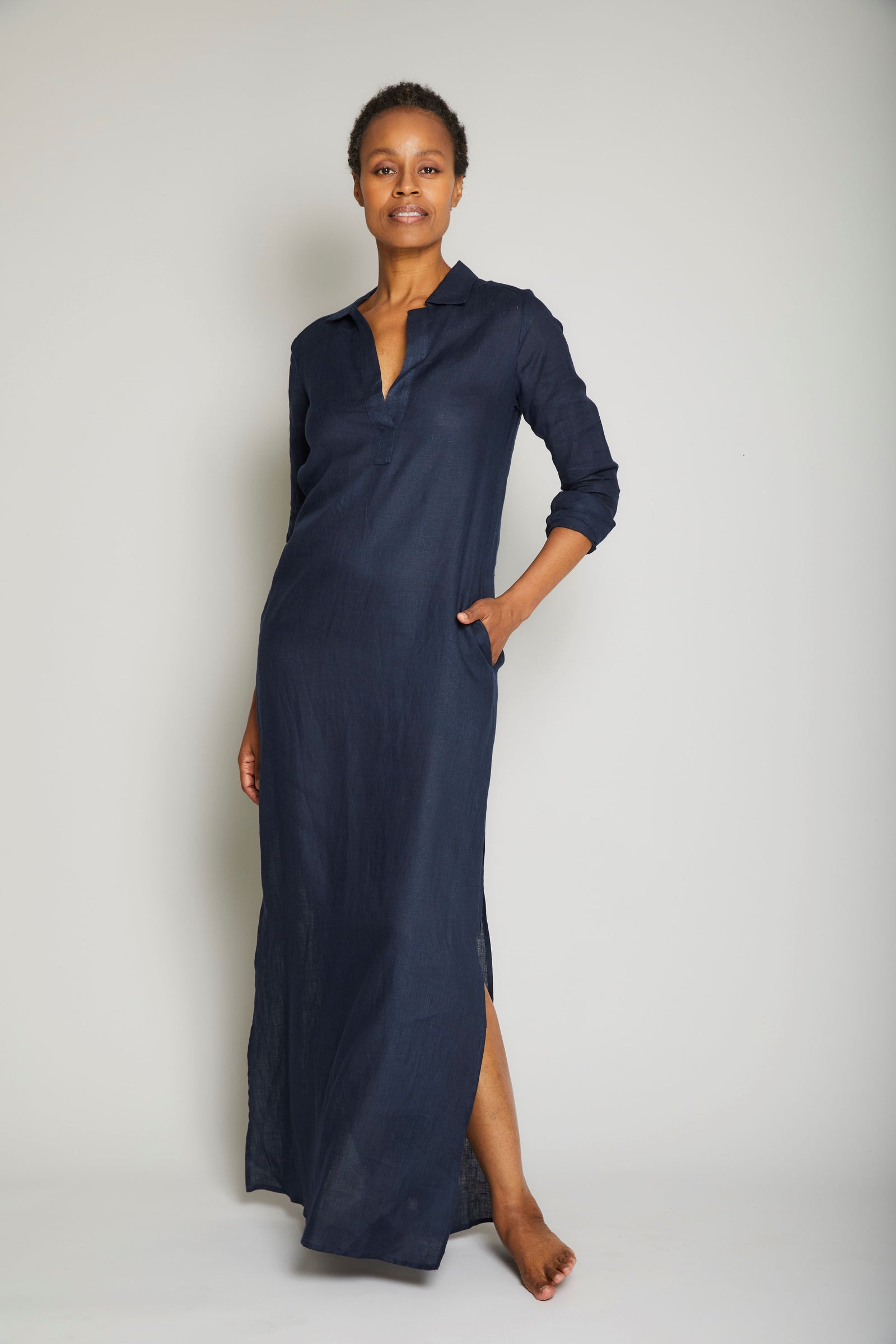 Pour Les Femmes Long Linen Shirt Dress - Midnight
