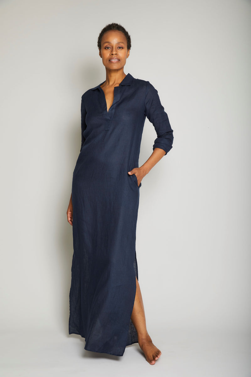 Pour Les Femmes Long Linen Shirt Dress - Midnight