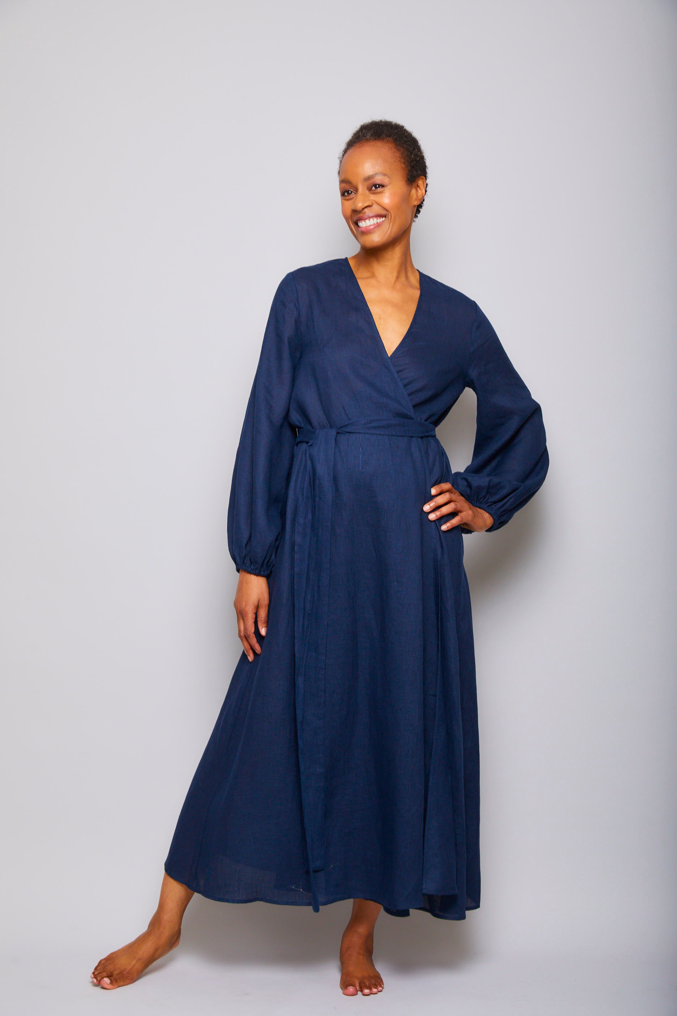 Long Linen Wrap Dress - Navy
