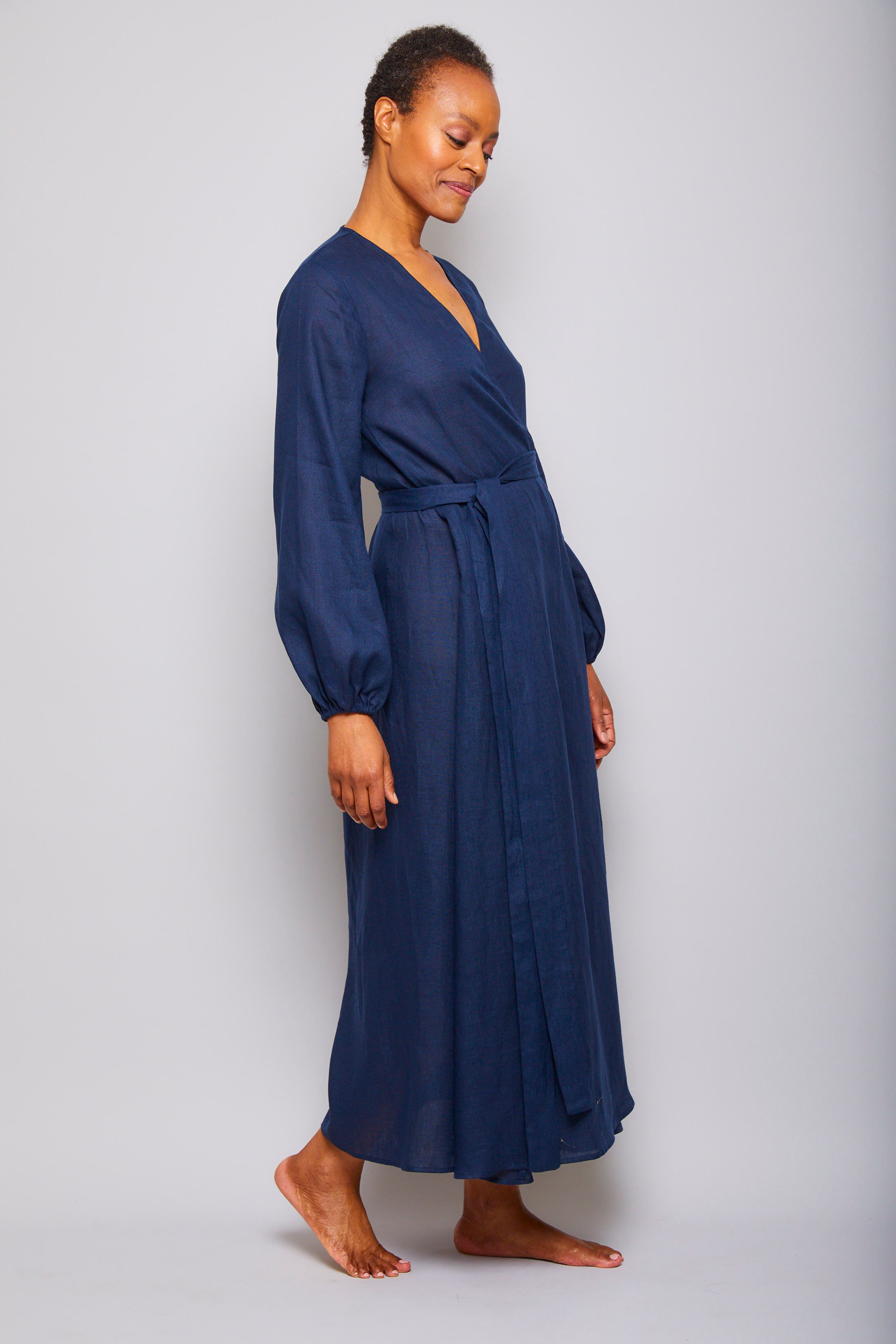Long Linen Wrap Dress - Navy